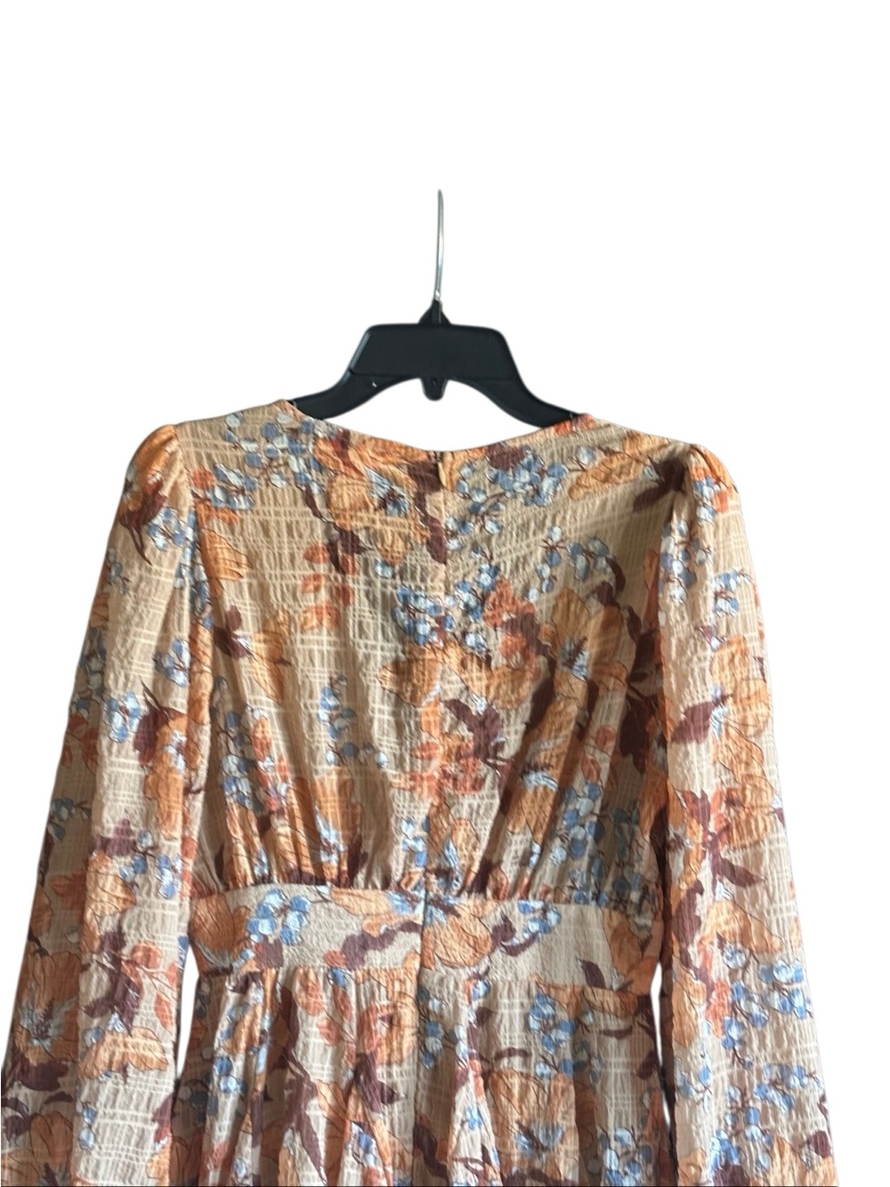 Flying Tomato Beige Floral V-Neck Puff Long Sleeve Mini Dress Zip Size Medium - Picture 9 of 12